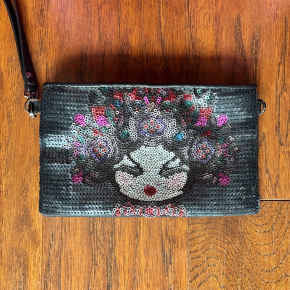 Vivienne Tam Geisha Sequin Black Leather Wristlet - Picture 7 of 7